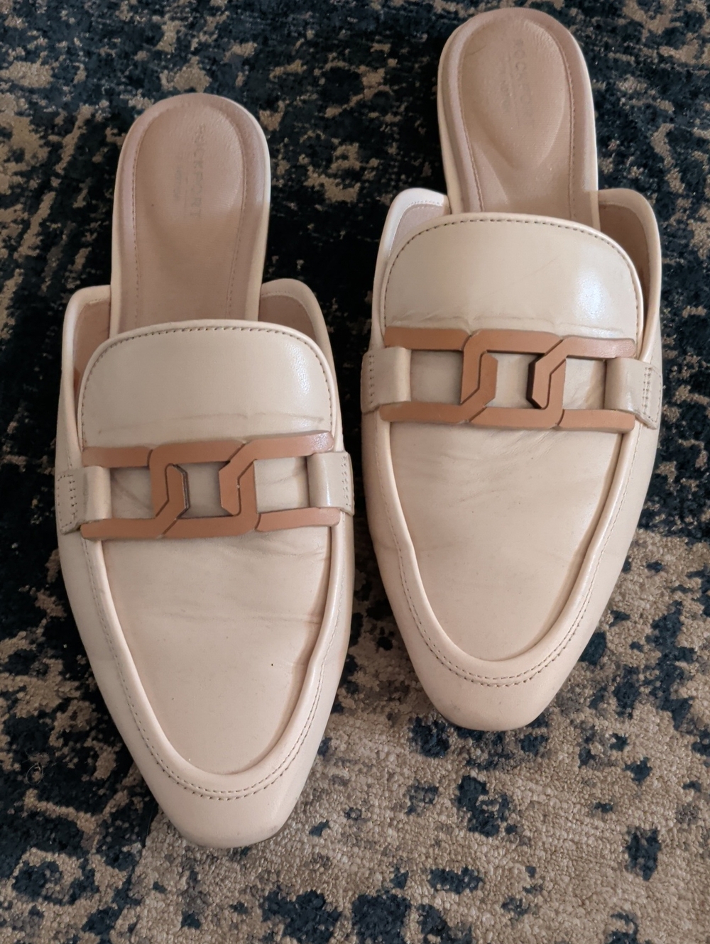 Franco Sarto Cream Slip-On Mules with Tan Chain Accent